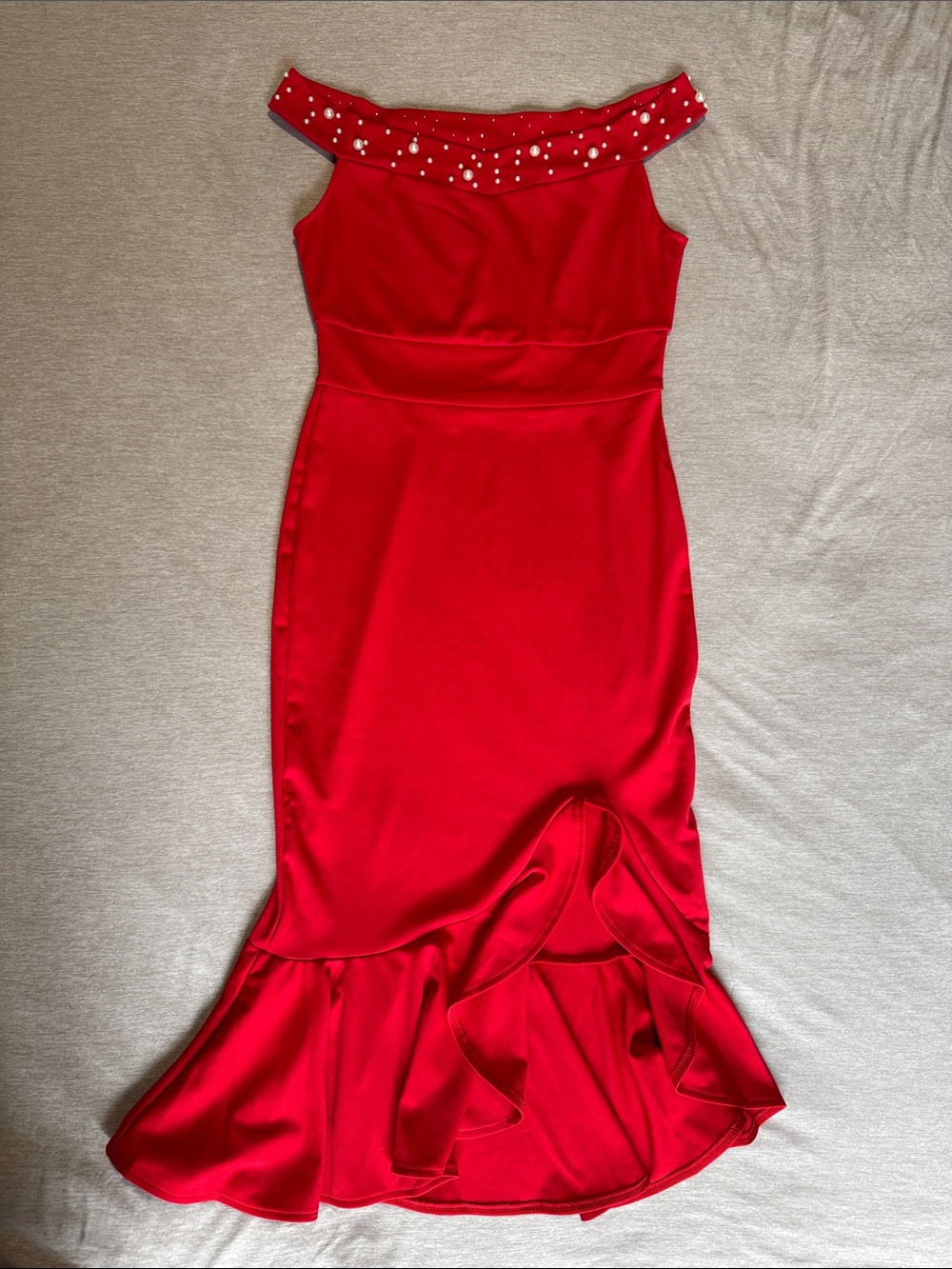 Red Off-Shoulder Ruffle Hem Dress CHICME Dress with Pearl Details Size S